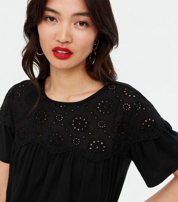 Black Broderie Panel T-Shirt | New Look